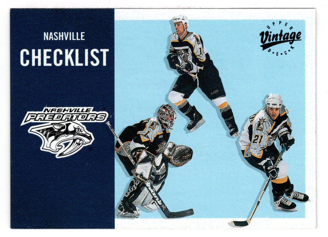 Nashville Predators Team Checklist - David Legwand - Mike Dunham - Todd Fitzgerald (NHL Hockey Card) 2000-01 Upper Deck Vintage # 208 Mint