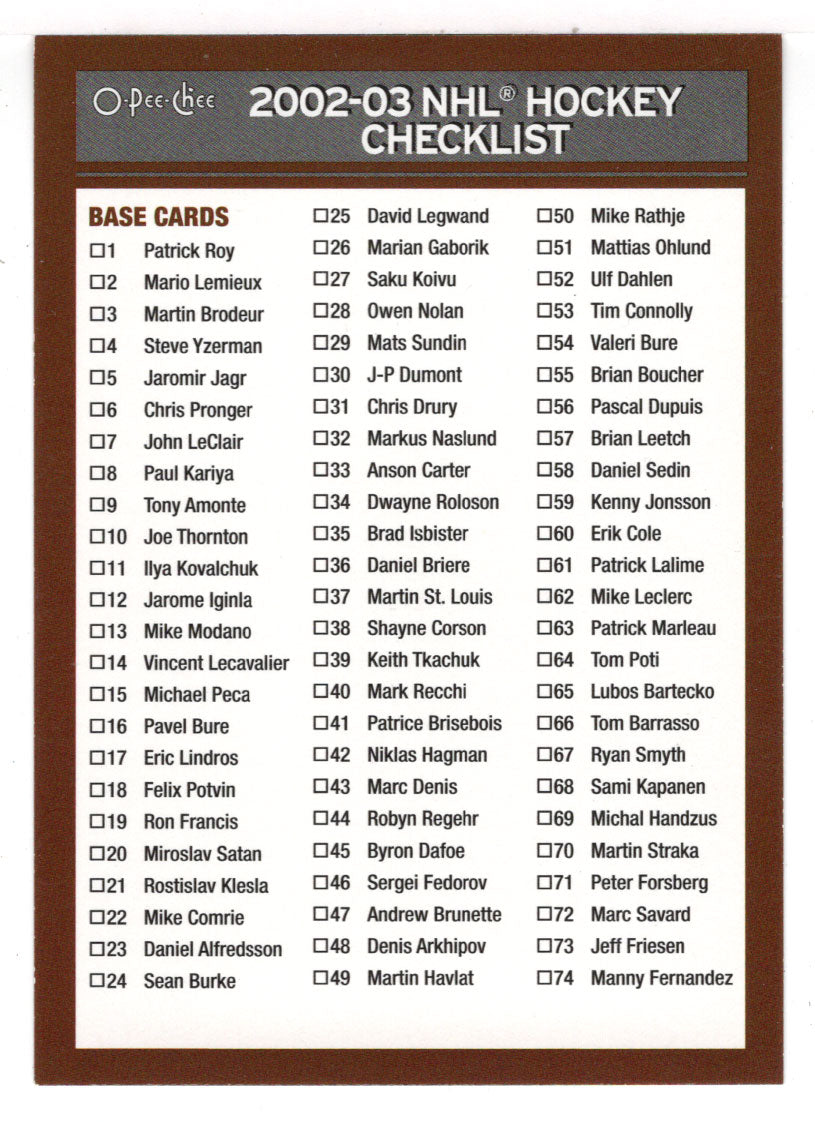 Checklist # 1 (NHL Hockey Card) 2002-03 O-Pee-Chee # 1 of 3 Mint