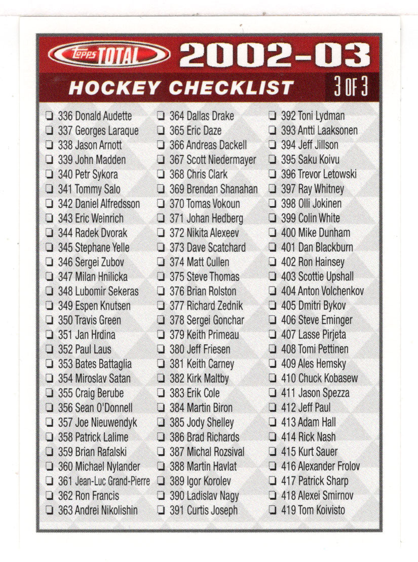 Checklist # 3 (NHL Hockey Card) 2002-03 Topps Total # 3 Mint