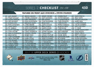 Checklist (# 351 - # 450) Alexander Ovechkin - Steven Stamkos (NHL Hockey Card) 2017-18 Upper Deck # 450 Mint