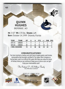 Quinn Hughes - Vancouver Canucks (NHL Hockey Card) 2020-21 Upper Deck SPx Jersey # 43 Mint