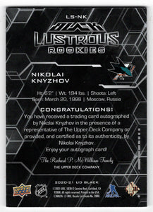 Nikolai Knyzhov 57/299 - San Jose Sharks (NHL Hockey Card) 2020-21 Upper Deck Black Lustrous Rookies Signature # LS-NK Mint