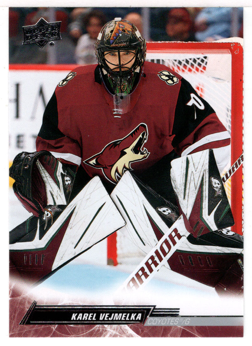 Arizona Coyotes goaltender Karel Vejmelka wears a helmet decorated with a  cross and a flag of the Czech Republic in an NHL hockey game against the  Seattle Kraken, Thursday, April 6, 2023