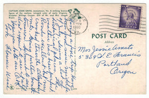 Captain John Smith Statue, Jamestown, Virginia, USA Vintage Original Postcard # 4917 - Post Marked September 6, 1960