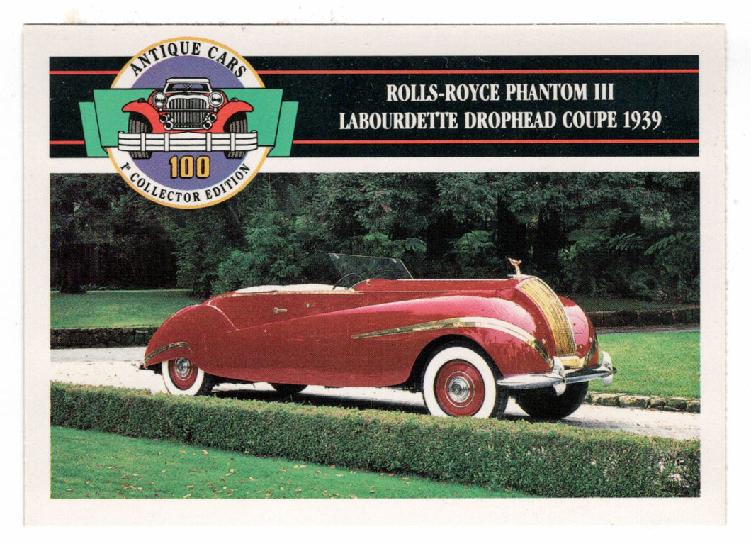 Rolls-Royce Phantom III Labourdette Drophead Coupe - 1939 (Trading Card) Antique Cars - 1st Collector Edition - 1992 Panini # 89 - Mint