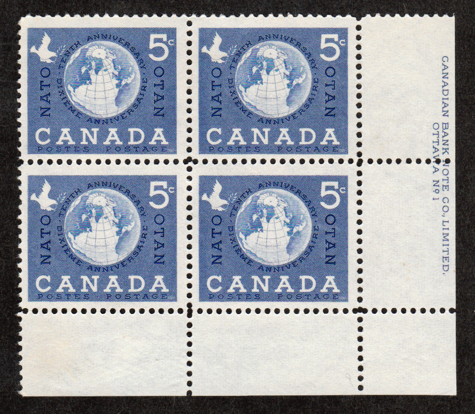 Canada #  384 - NATO 10th Anniversary - Plate Block - Lower Right - Series # 1