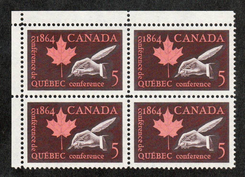 Canada #  432 - Quebec Conference - Quill and Maple Leaf - Plate Block - Upper Left - Series Gutter Block