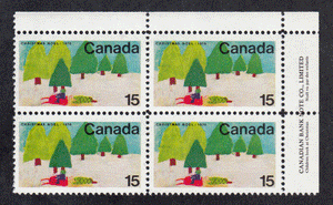 Canada #  530 - Christmas 1970 - Snowmobile and Trees - Plate Block - Upper Right