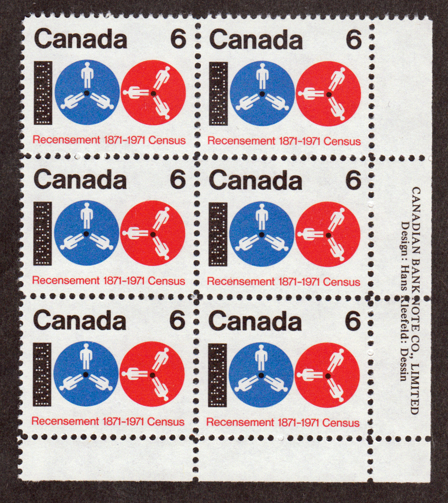Canada #  542 - Census 1971 - Plate Block of Six - Lower Right