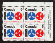 Canada #  542 - Census 1971 - Plate Block - Upper Right