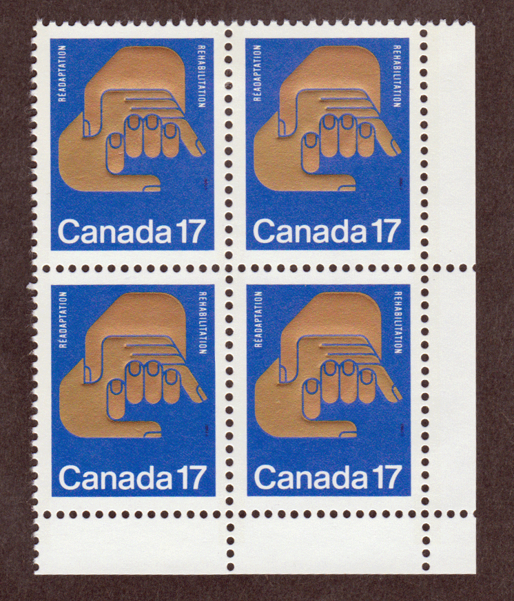 Canada #  856 - International Events - Helping Hands - Plate Block - Lower Right - Series Gutter Block