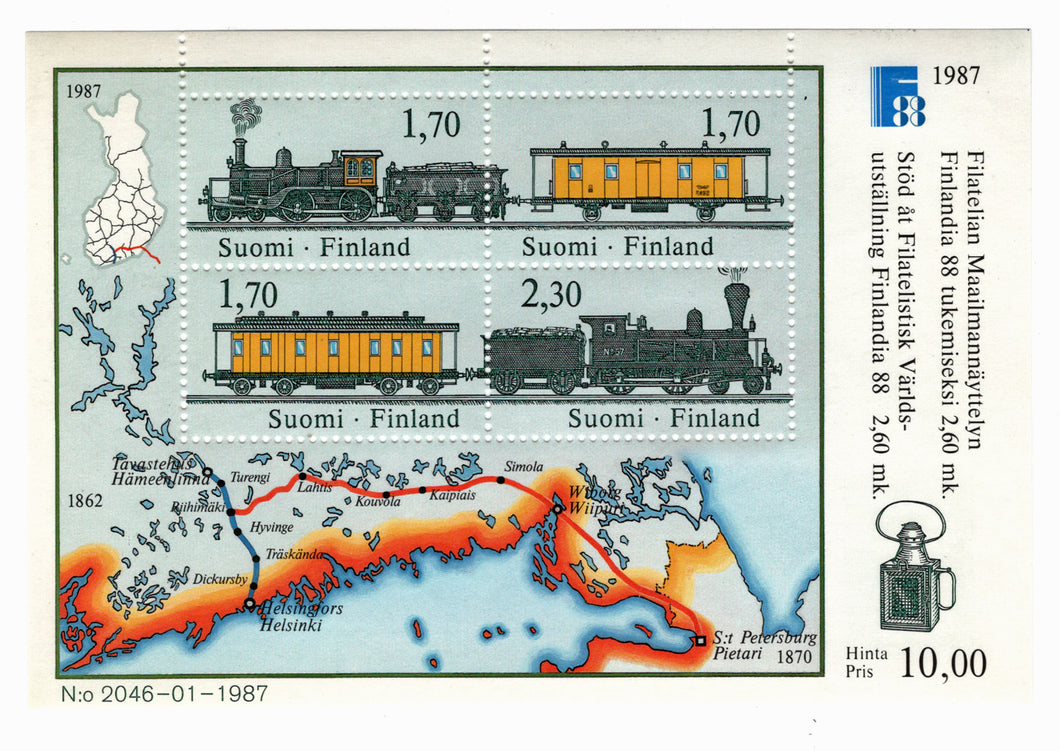 Finland #  755 - Finlandia '88 - Locomotives and Mail Cars Postage Stamp Se-Tenant Souvenir Sheet M/NH
