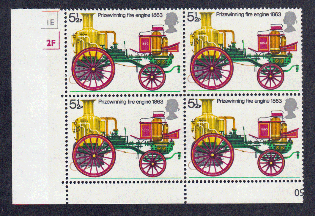 Great Britain #  717 - Fire Engines - Prizewinning Fire Engine - Plate Block - Lower Left