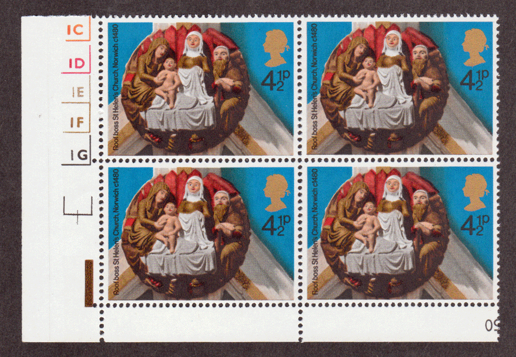 Great Britain #  733 - Christmas 1974 - Roof Bosses - St. Helen's Church, Norwich - Plate Block - Lower Left