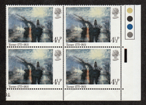 Great Britain #  736 - Paintings - Peace-Burial at Sea by Turner - Plate Block - Lower Right
