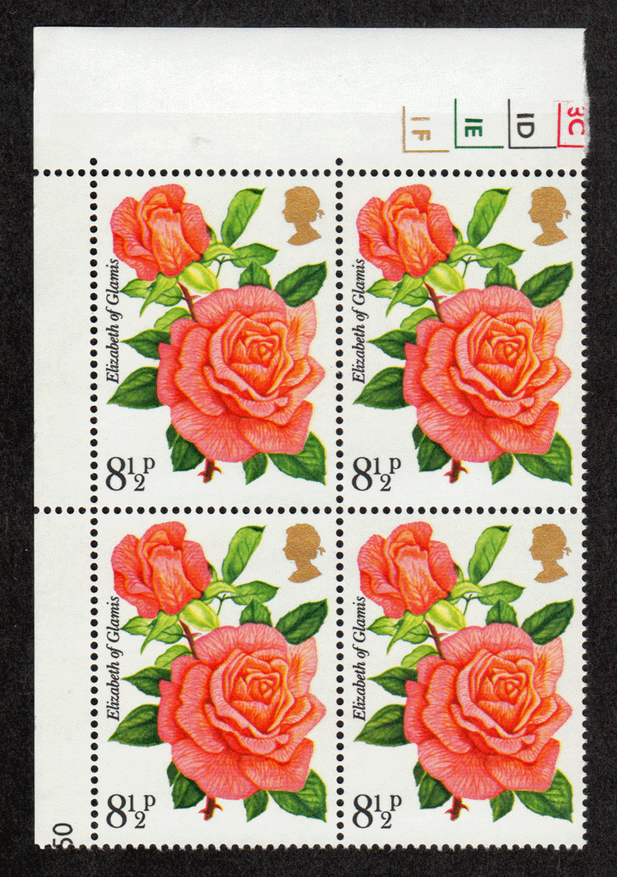 Great Britain #  786 - Royal National Rose Society Centenary - Elizabeth of Glamis - Plate Block - Upper Left