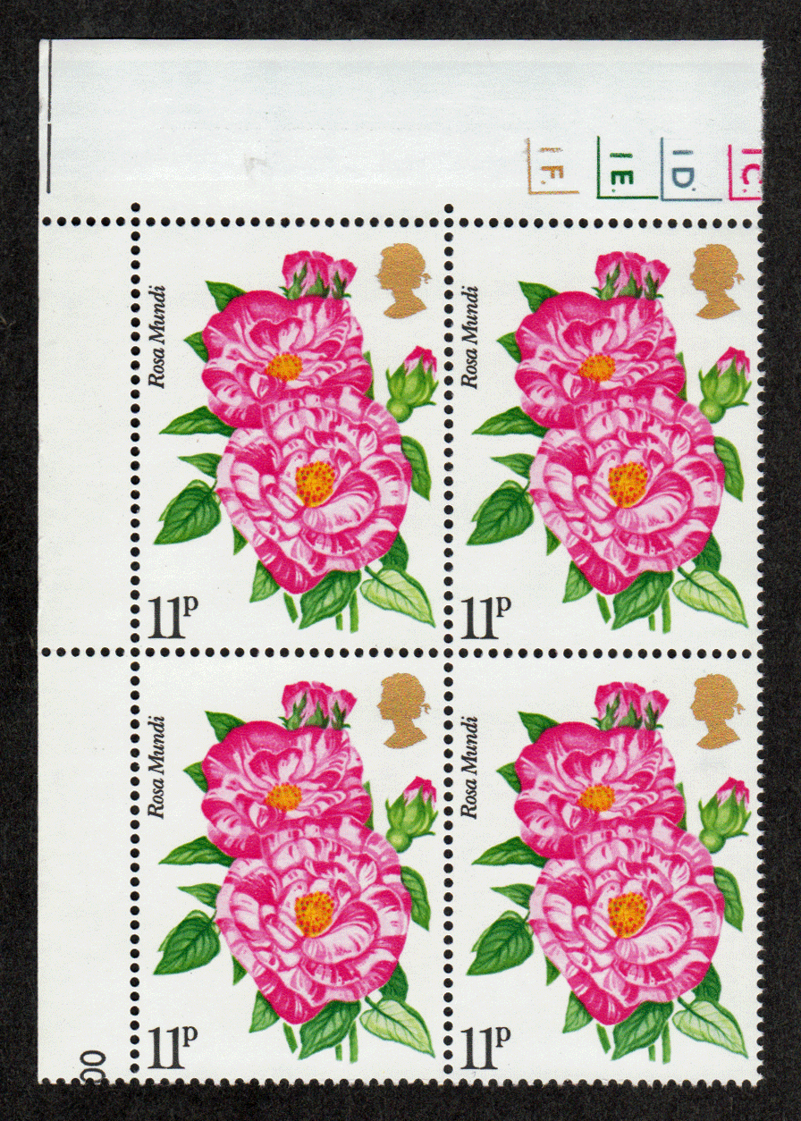 Great Britain #  788 - Royal National Rose Society Centenary - Rose Mudi - Plate Block - Upper Left