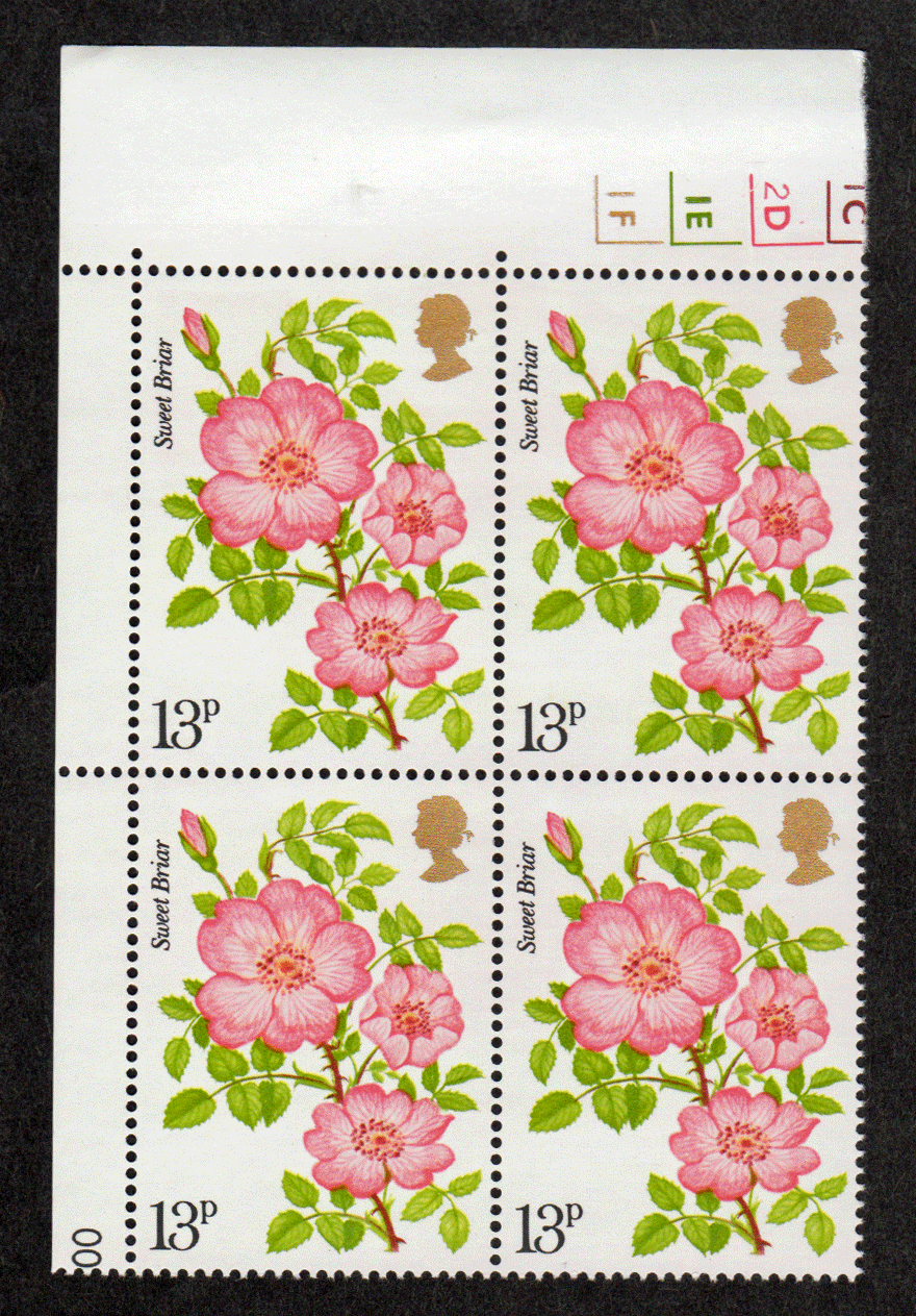 Great Britain #  789 - Royal National Rose Society Centenary - Sweet Briar - Plate Block - Upper Left
