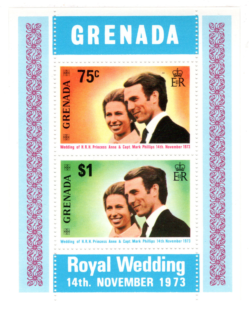 Grenada # 517a - Royal Wedding Princess Ann Mark Phillips Postage Stamp Souvenir Sheet M/NH