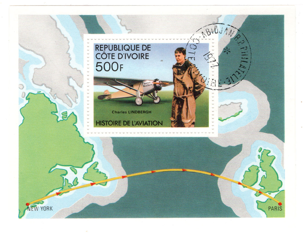 Ivory Coast # 439 - History of Aviation - Charles Lindbergh and The Spirit of St. Louis Postage Stamp Souvenir Sheet M/NH