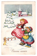 Happy New Year - Bonne Annee Vintage Original Postcard # 0654 - Post Marked December 30, 1954