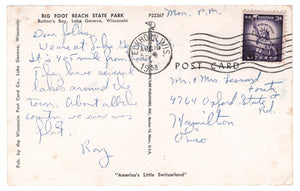 Big Foot Beach State Park, Wisconsin, USA Vintage Original Postcard # 0696 - Post Marked August 19, 1958