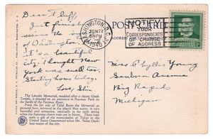 Lincoln Memorial, Washington, D.C. USA Vintage Original Postcard # 0898 - Post Marked June 27, 1940
