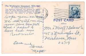 Washington Monument, Mount Vernon Place, Baltimore, Maryland, USA Vintage Original Postcard # 4630 - Post Marked August 2, 1968
