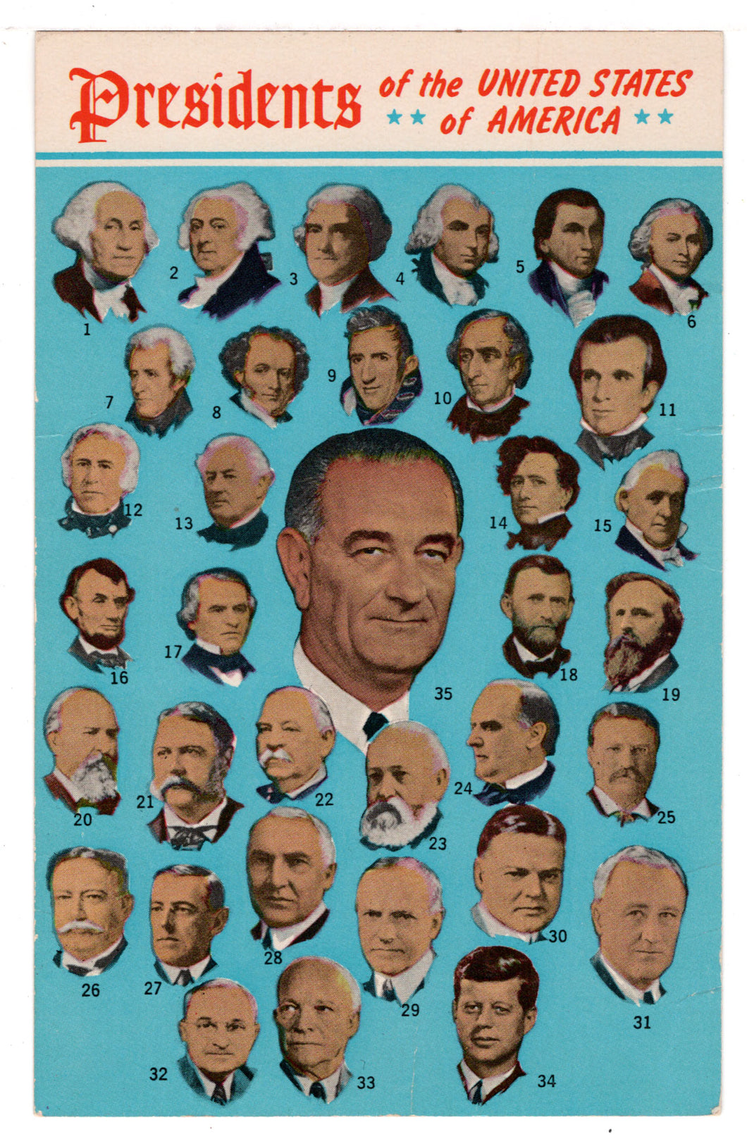 Presidents of the United States (First 35), USA Vintage Original Postcard # 4663 - New - 1960's