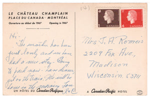 Le Chateau Champlain Hotel, Montreal, Quebec, Canada Vintage Original Postcard # 4699 - 1967