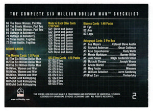 Checklist # 2 (Checklist # 66 - # 72, Bonus) (Trading Card) Six Million Dollar Man Seasons One and Two - 2004 Rittenhouse Archives # 2 - Mint