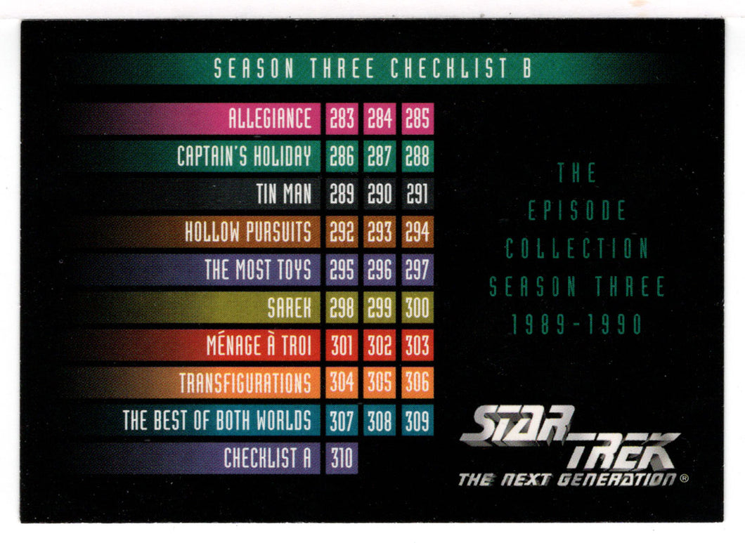 Checklist B (Trading Card) Star Trek The Next Generation - Season Three - 1995 Skybox # 311 - Mint