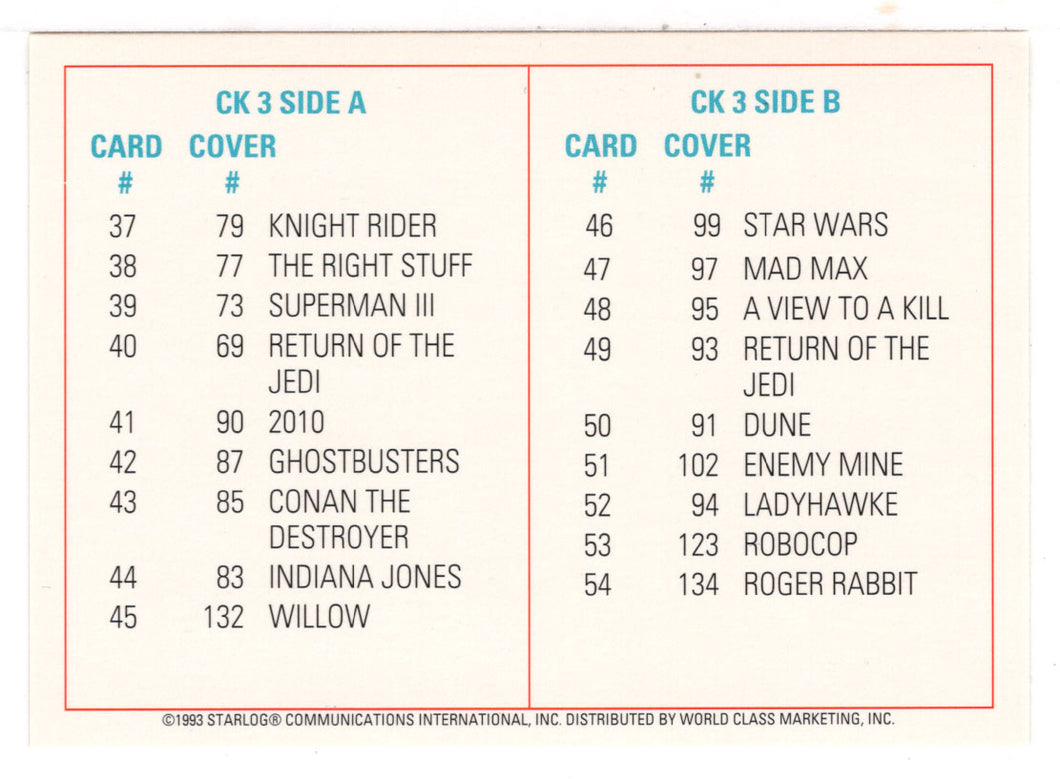 Checklist 3 (Trading Card) Starlog Science Fiction Universe - 1999 World Class Marketing # CK 3 - Mint