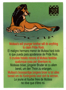 Scar - Mufasa's evil younger brother will do anything to claim Pride Rock (Trading Card) The Lion King - 1995 Panini # 32 - Mint