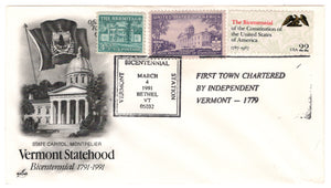 United States Postage Stamps - #  903 - # 1037 - # 2355 - Vermont Statehood Bicentennial - Event Cover