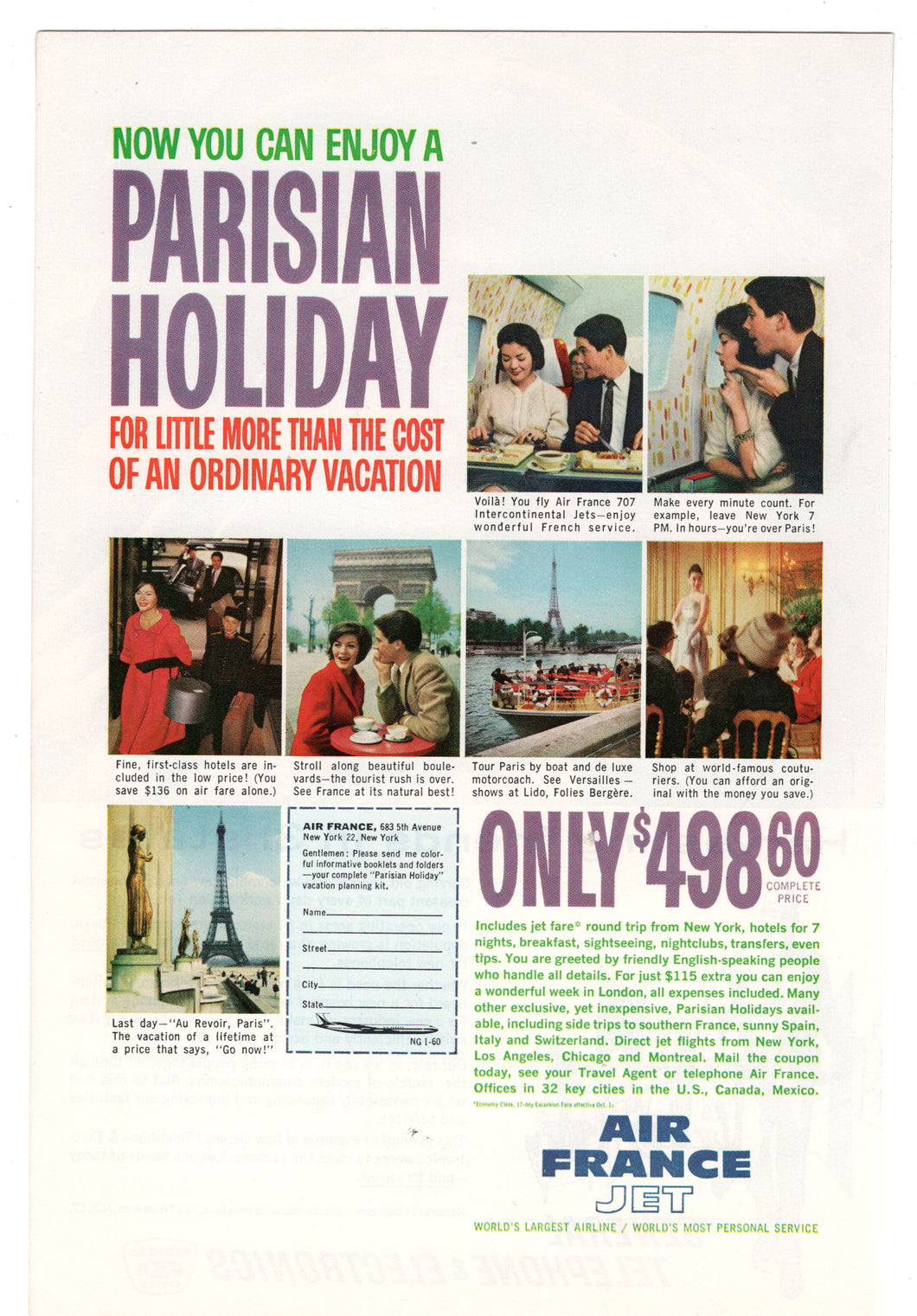Air France Jet Vintage Ad - (Enjoy a Parisian Holiday) # 169 - 1960's